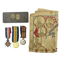 WW1 group of three medals comprising British War Medal, Victory Medal and 1914-15 Star awarded to 2727 Pte. G. Brushby York. R.; all with ribbons; WW1 printed silk commemorative silk scarf entitled 'A Souvenir of the Great War' 48 x 62cm; George VI Coronation 1937 Beverley medal with George V silver jubilee tin; and NSTS sea training badge