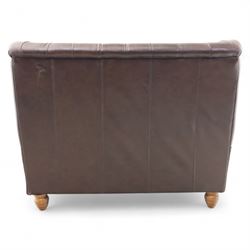 Thomas Lloyd  - two-seater settee, brown leather,  button upholstered back, cushion seats, and wide scrolled arms, raised on bun feet