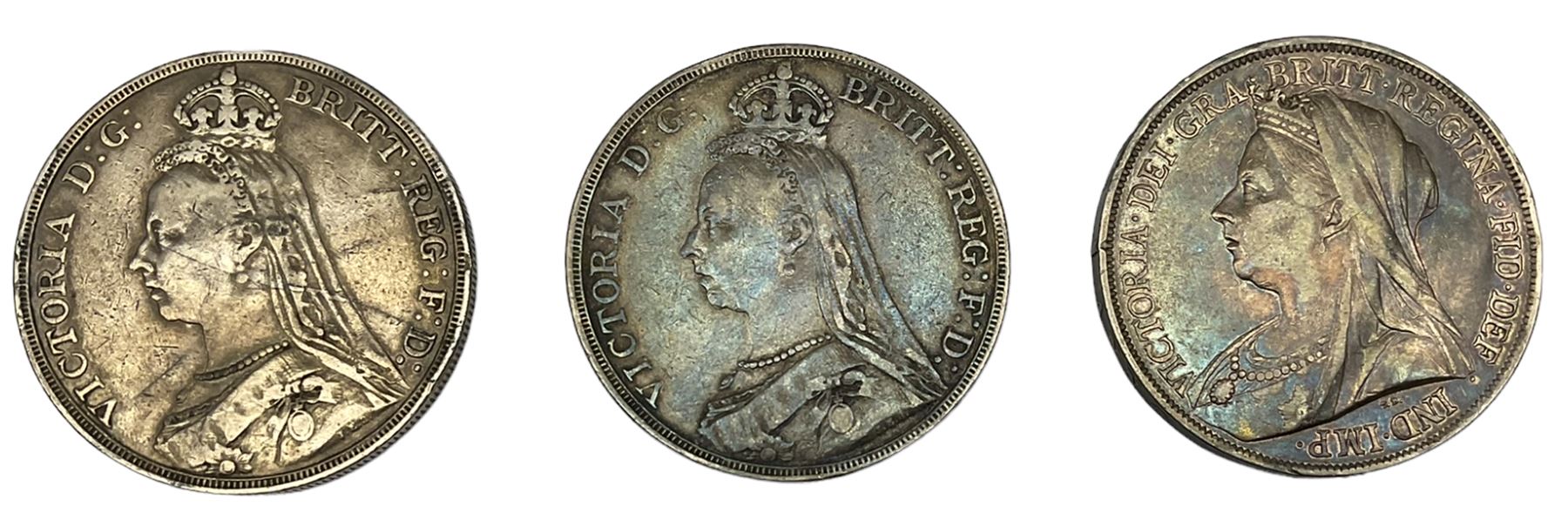Three Queen Victoria crown coins, dated 1898 and two 1889