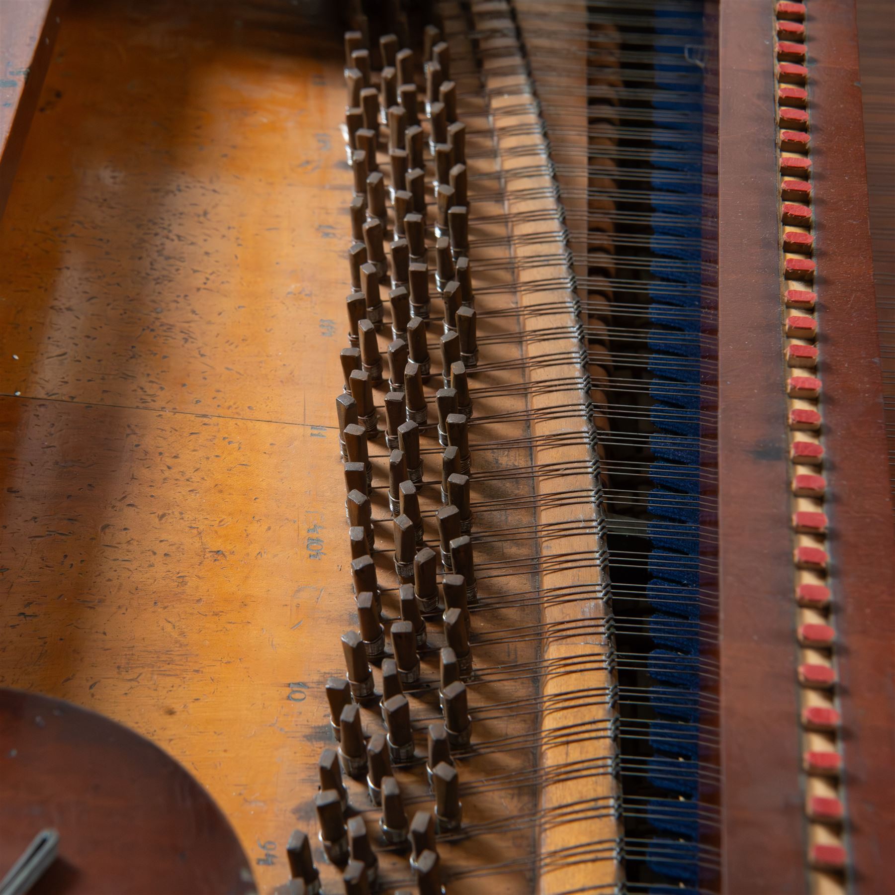 Austrian “Viennese” Grand Piano by Joseph Böhm c1820.
Straight triple strung, with a Viennese action and adjustable escapement rail, some new dampers and damper felt with leather covered hammers, string gauges marked on the wrest plank, soundboard appears to have been shimmed in places, bridge in good condition, possibly re-strung at some time with one tuning pin and two strings missing. Action with good repetition and damping, however some adjustment may be necessary to both the action and pedals. Six octave keyboard, with 78 keys C1-F7, with Ivory naturals and ebony sharps, lyre supported on a stretcher with seven pedals, Bells & Drum, Treble Sustain, Full Sustain, Piano & Pianissimo, Bassoon Stop and Una Corda. Adjustable open lattice music desk. Ebonised panel above the keys with maker name and decorative gilt mounts depicting imperial eagles, grapevines, scrollwork, and angelic trumpeters. Case raised on three circular columns with block supports. 
This instrument is typical of the type of piano being made in Vienna in the early 19th century and a type of piano possibly familiar to Beethoven during the period of the composers’ later compositions. This piano is thought to be one of the earliest known pianos by this maker and was discovered in Milan in the 1870’s. A retailer’s trade label from that period is attached to the soundboard.

Given the intricate nature of these historic instruments, specialist support will be available if required, to assist successful buyers with safe removal and onward handling. Price upon application. 

This item has been registered for sale under section 10 of the APHA Ivory Act Reference A2ZEXJGY