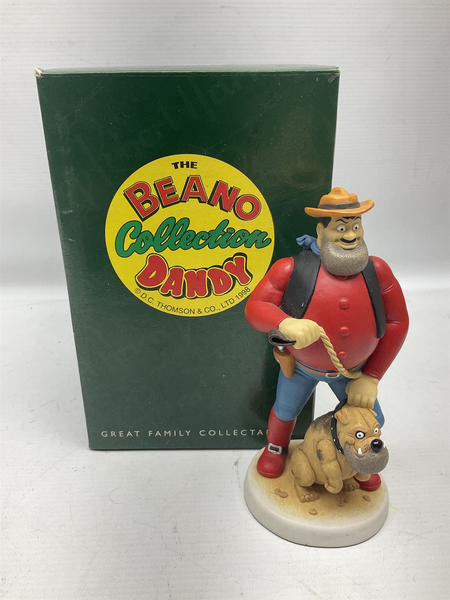 Eleven Robert Harrop figures from the Beano Dandy collection, comprising One Man & His Dawg BDS08, Picnic Desperate Dan BDS04, Fatty BD07, Desperate Dan BD03, Roger the Dodger BD20, Dennis the Menace BD01, Beryl the Peril BD05, Minnie the Minx BD04, Surfing BP03, two Spotty BD16, together with a Genuine Beano Ware lidded box (12)