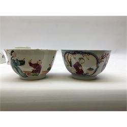 Late 18th early 19th century chinese and english tea bowls, to include one decorated with floral sprays and sprigs, another with figures within a quatrefoil panel 