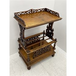 Victorian figured walnut étagère Canterbury, rectangular moulded top with raised scrolling fretwork gallery, two shaped and pierced supports on three division rack, turned supports and fretwork splats, cavetto moulded base with drawer, on turned feet