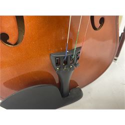 Full size violin with a maple case and ebonised fingerboard and fittings, with bow and hard case length 60cm