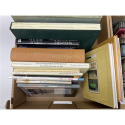 Antique reference works and other books, to include Antique Coloured Glass, British Sporting Artists, Collecting Textiles, British Portrait Miniatures etc, in five boxes  