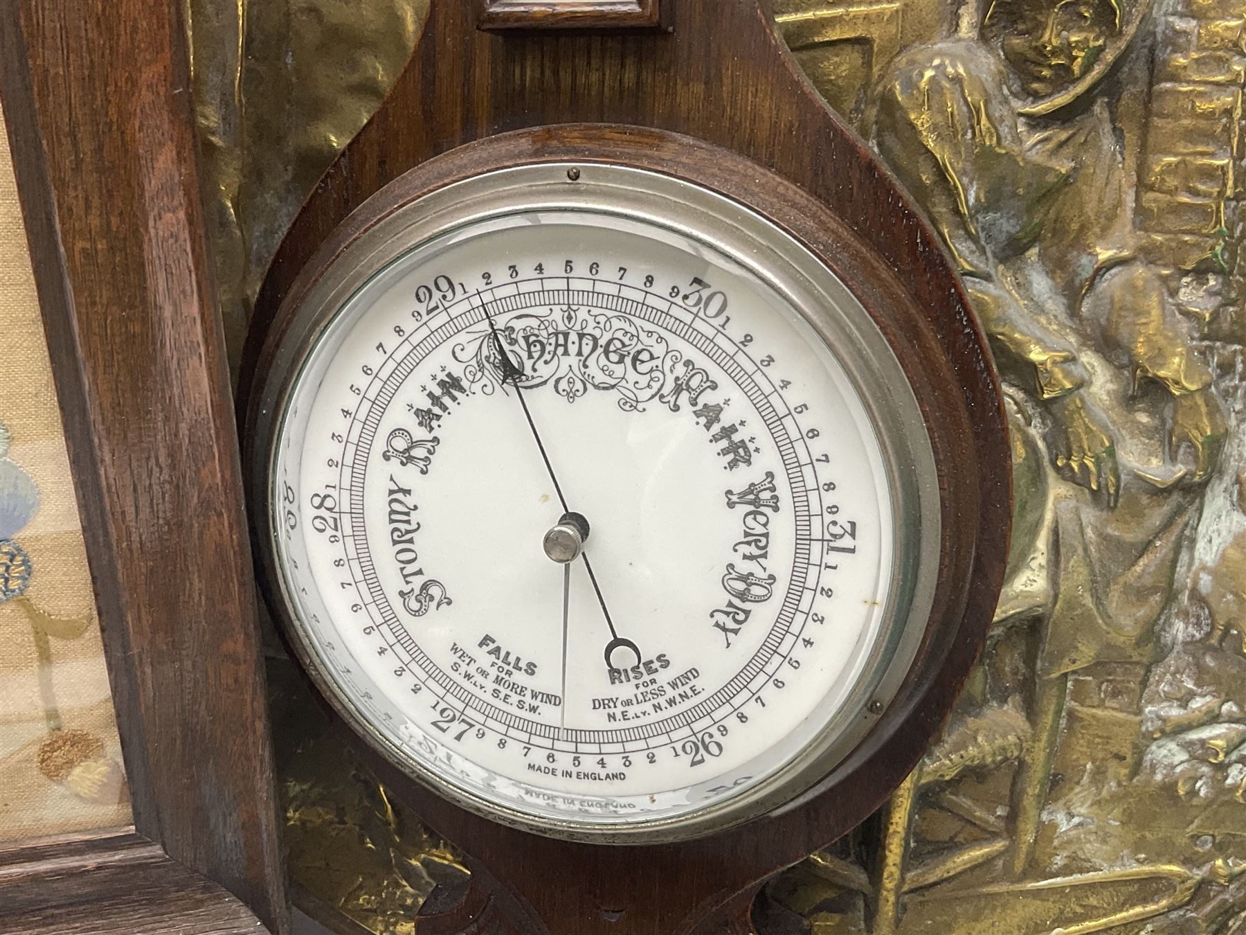 Tapestry fire screen, together with walking sticks, barometer, brass charger etc 