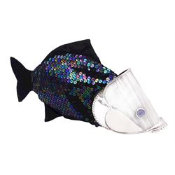 Modern novelty silver fish handbag, the silver opening modelled as the head of a carp, hallmarked Sheffield 1977, maker's mark DH, with sequin fabric body and tail, and opal effect eyes, head to tail L35.5cm, approximate total weight 12.69 ozt (394.9 grams)