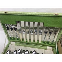 Chrome plated canteen of cutlery with ivorine handles in fitted case and a collection of other plated cutlery