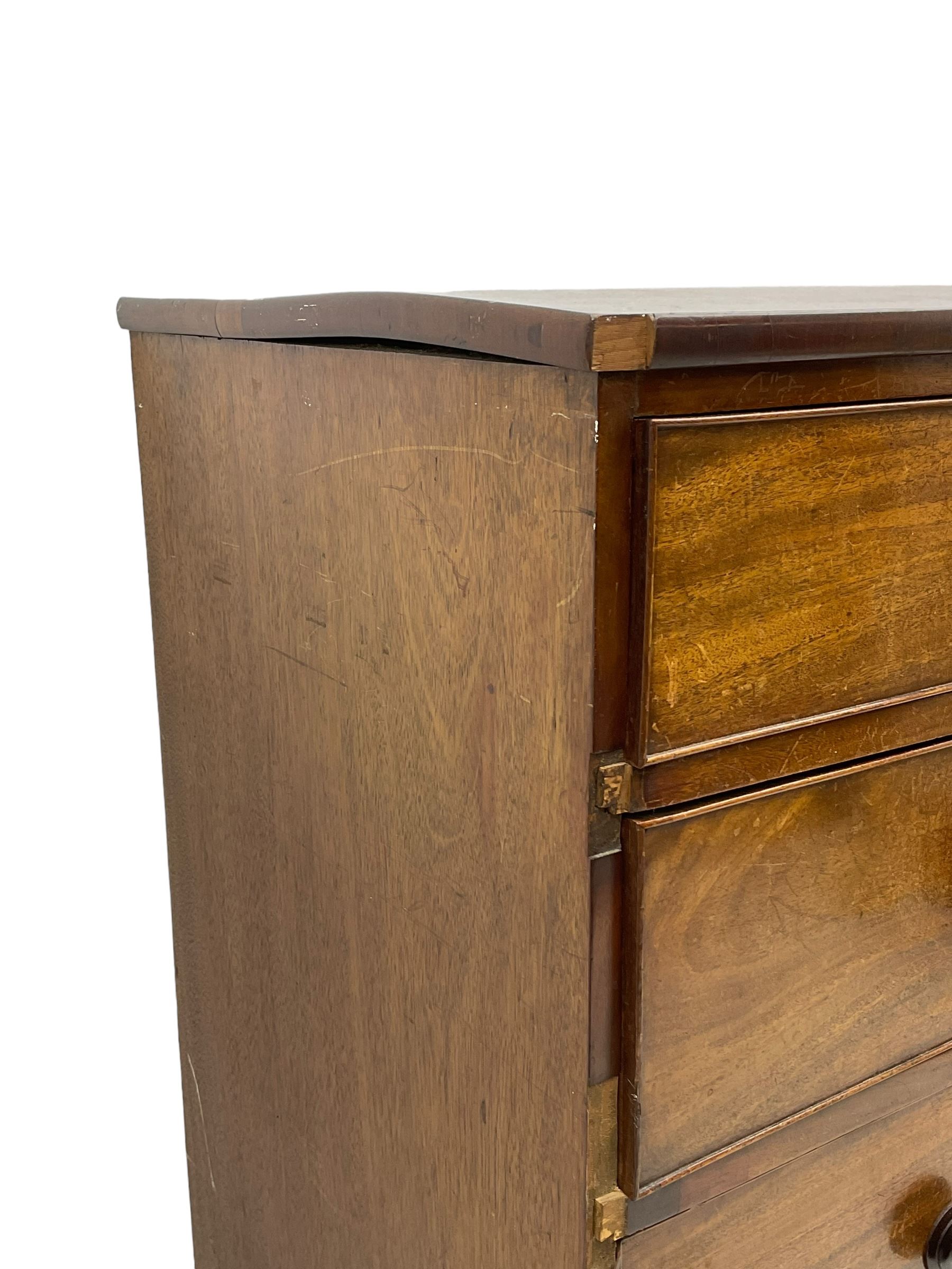 19th century mahogany straight-front chest, fitted with two short over three long cock-beaded graduating drawers, on splayed feet