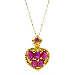18ct gold ruby set heart shaped pendant, on 9ct gold chain necklace