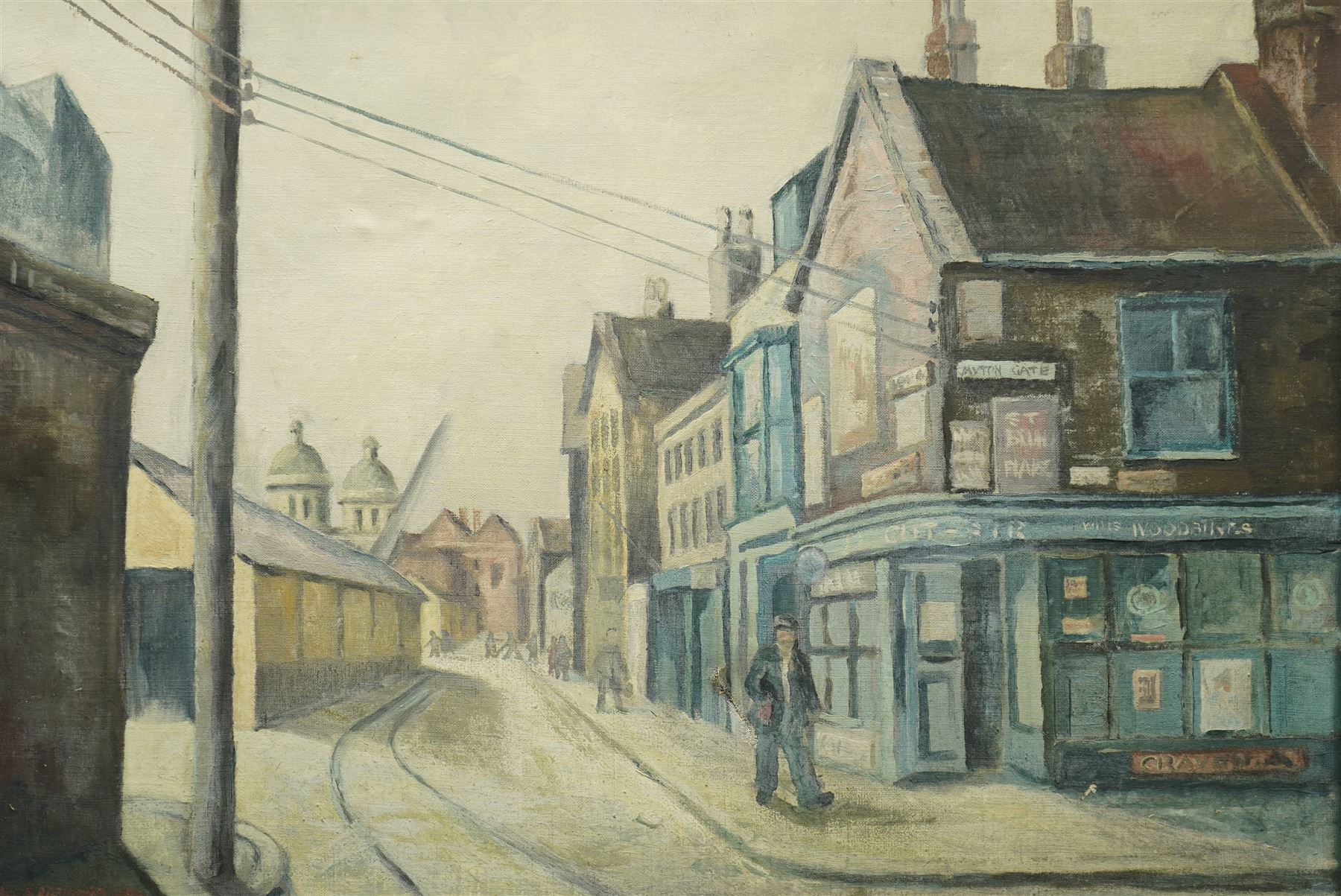 Paul S Robinson (British Mid-20th century): Figures on a Street in Hull, oil on canvas signed and dated 1953, 46cm x 66cm