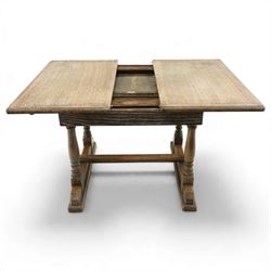 Arts & Crafts limed oak extending dining table, the rectangular draw-leaf top with integral leaf, raised on four turned supports united by H-stretcher; with set four matching lattice-back chairs on turned front-supports (W47cm H89cm)