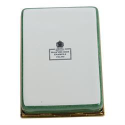 Two Halcyon Days bespoke commissioned enamel pill boxes, painted with 'The Clock House' and 'Polly & Lizzie'