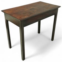 George III stained mahogany side table, rectangular top with aged finish, fitted drawer with brass swing handle on square legs