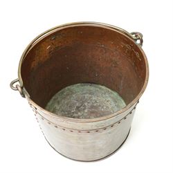 Riveted copper bucket with swing handle, marked with initials and 1864 H31cm x D34cm