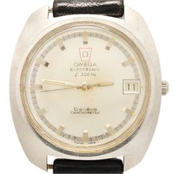 Omega Electronic F300Hz quartz chronometer wristwatch, Ref. 198.030, Cal. 1250, silvered dial with baton hour markers and date aperture, on black leather strap with Omega buckle