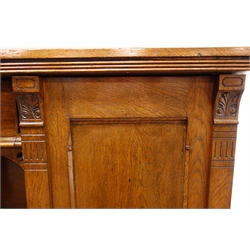  Late Victorian oak twin pedestal sideboard, moulded top, single frieze drawer and two cupboard doors enclosing fitted interior, plinth base, W183cm, H94cm, D62cm  
