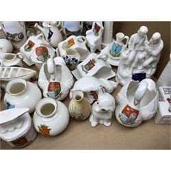 Collection of crested ware, to include Scarborough Willow Art coal truck, Whitby Willow Art Burns and Highland Mary figure group, Carlton China beer drinker 'Tak Hod an Sup Lad', and 'Here's ta me an'ma wife's usban', lighthouse, boat, Kingsway Art China Sir Walter Scott's Chair, butter dishes, candlestick, pianos etc