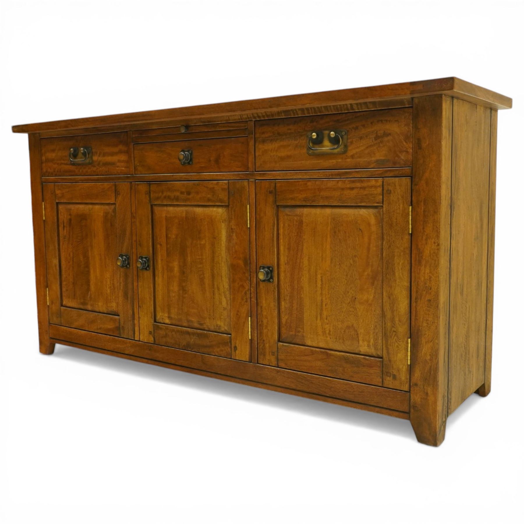 Barker & Stonehouse - 'New Frontier' mangowood wide sideboard, rectangular top with a central brushing slide above a drawer, flanked either side by a drawer, above three cupboard doors, raised on stiled supports
