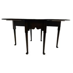 George III oak drop-leaf dining table, oval top over gate-leg action cabriole supports