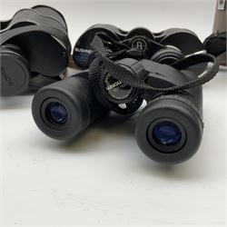Pair of Russian USSR 6NU 7 x 50 binoculars with two pairs of light filters no.N82004148; pair of Bushnell Banner 7-12 x 35 zoom binoculars no.JR1698; and pair of Vanguard KDT-1025 10 x 25 waterproof binoculars no.F0710186; all cased (3)