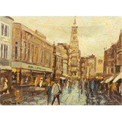 Barry De More (Yorkshire 1948-2023): 'The Precinct Halifax with Town Hall', oil on canvas ...