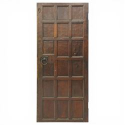 Mouseman - 1940s panelled and adzed oak front door with frame, iron rope twist handles, wi...