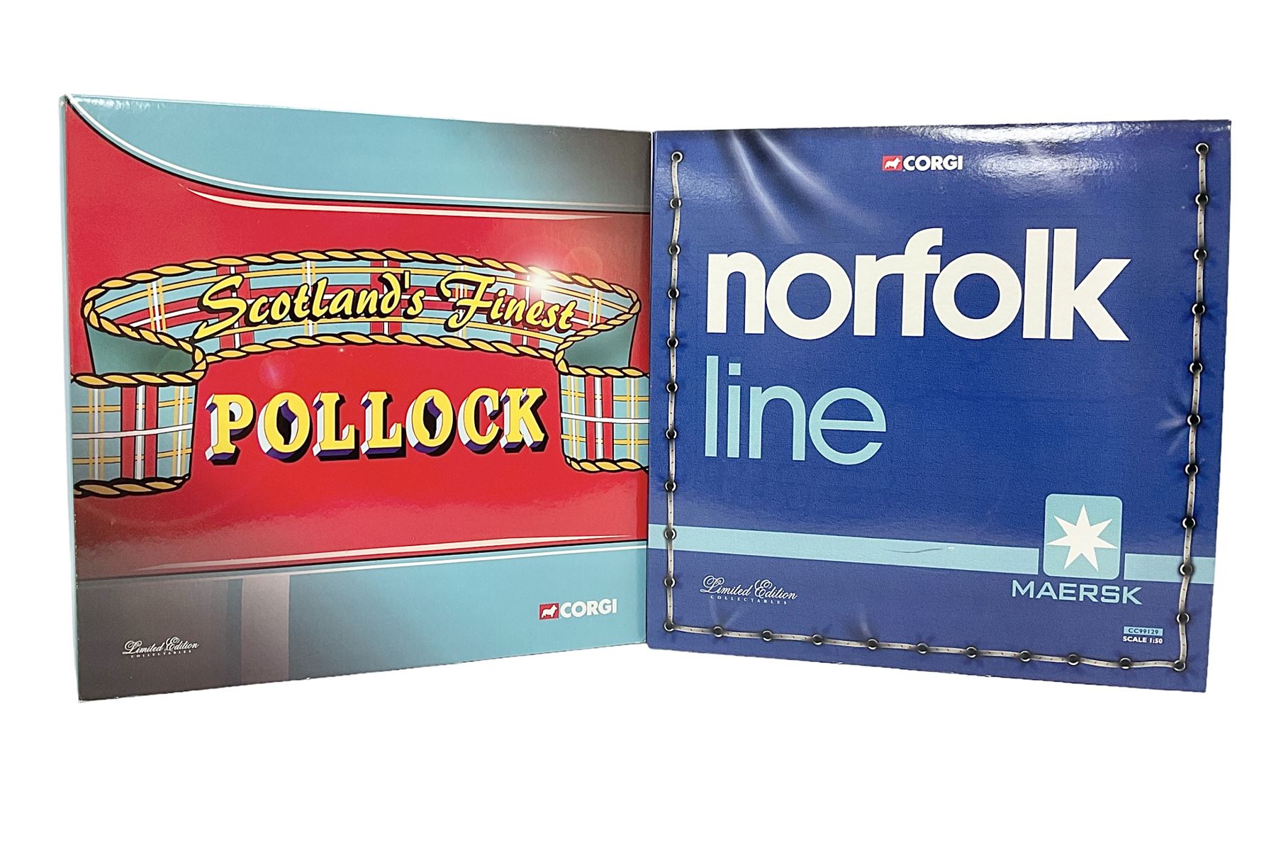 Corgi - two limited edition 1:50 scale heavy haulage vehicle sets comprising CC99129 Norfolk Line with DAF XF Super Space Cab, Curtainside Trailer, Fridge Trailer and History Booklet; and CC99130 Pollock (Scotrans) Ltd. Musselburgh with three fleet tractor units, curtainside trailer and History Booklet; both boxed (2)