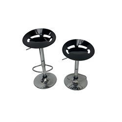 Pair modern bar stools, black height adjustable circular seat on mirrored stand