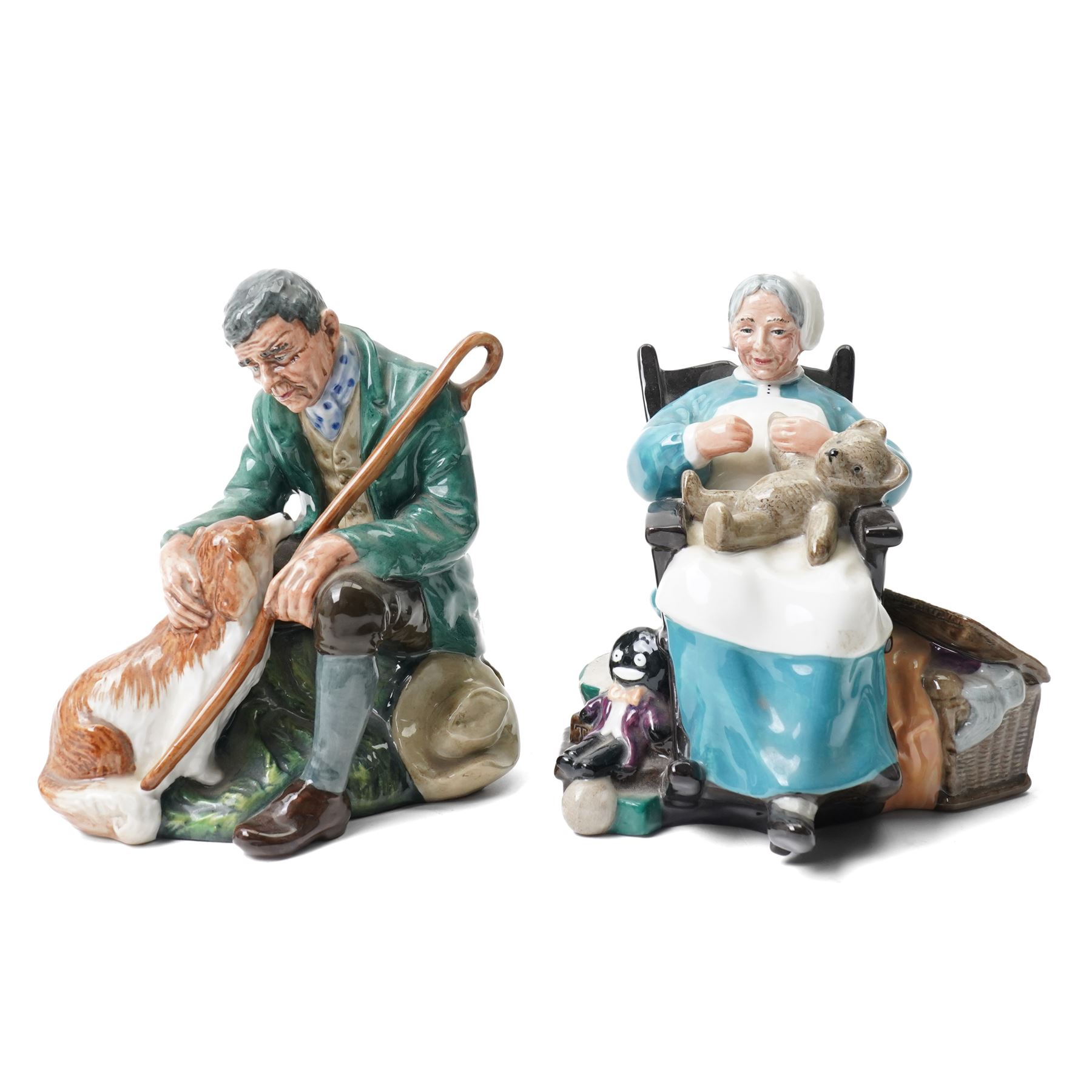 Five Royal Doulton figures comprising The Master HN2325 , Thanks Doc HN2731, signed,  Nanny HN2221, The Laird HN2361 and The Old Balloon Seller HN1315 