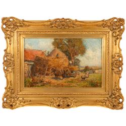Owen Bowen (Staithes Group 1873-1967): Building a Hayrick, oil on canvas signed and dated ...