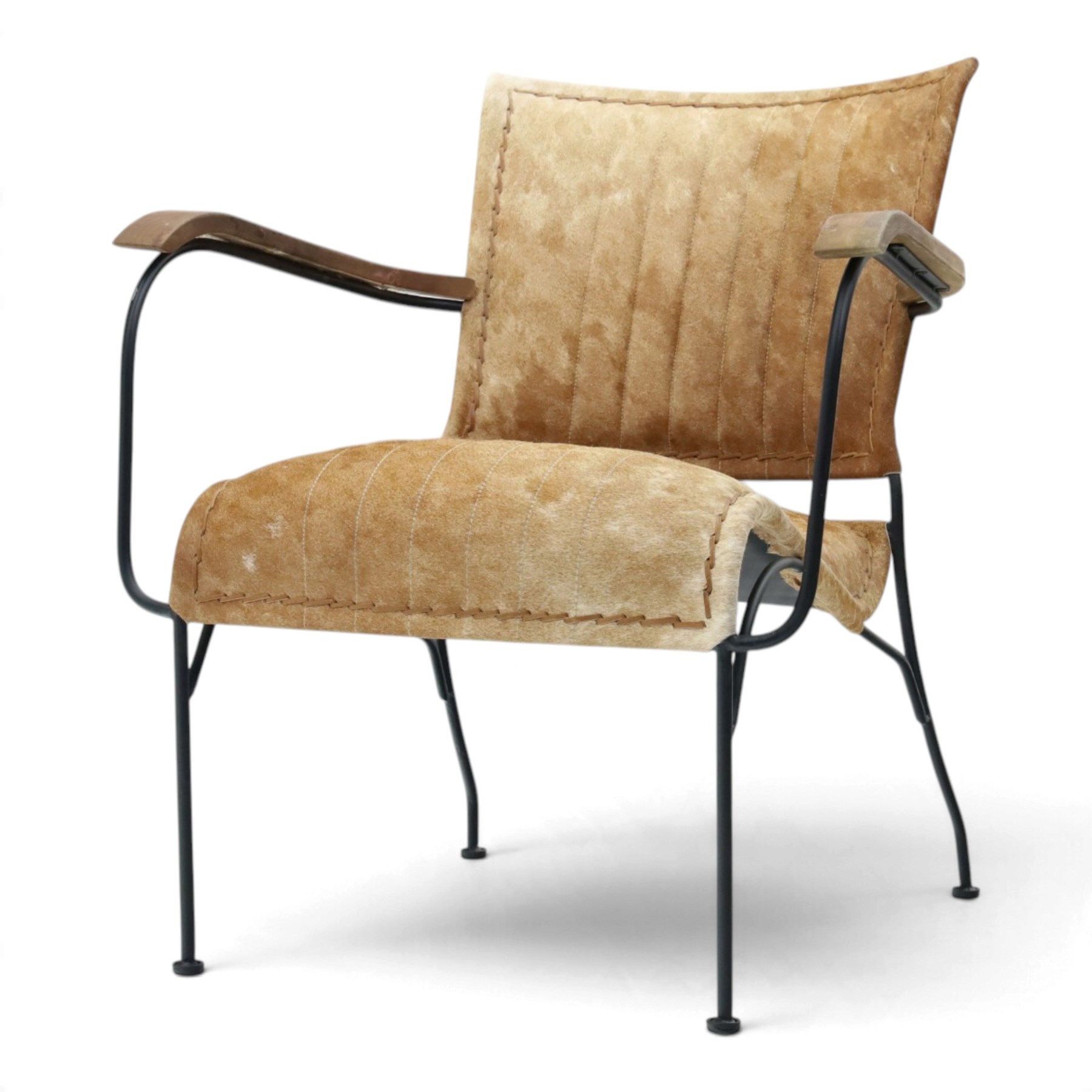 Mid century style cocktail cowhide chair, upholstered in tan cowhide, rectangular back and curved seat with stitched panels and laced borders, shaped wooden armrests on curved black metal supports 