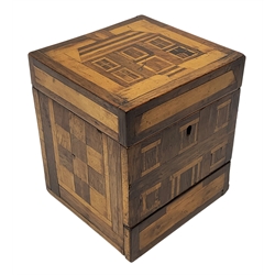 Early Victorian rosewood and specimen wood trinket box, of cuboid form, the lid and front inlaid with naive studies of house fronts with chequered panels to the sides, the hinged lid opening to reveal a red paper lined interior, and ring pull locking rod to the single base drawer, W15cm, H17cm  