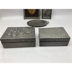 Art Nouveau style pewter hanging wall plaque depicting a woman and child, a hammered pewter frame and two hinged lidded boxes embossed with fruit and flowers, etc, frame H23.5cm