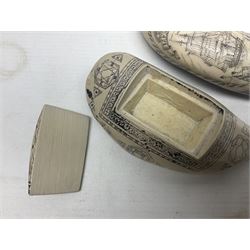 20th century resin carvings in the style of scrimshaws the first example depicting Ship Mercury, the other with a removable top, tallest example H10.5cm