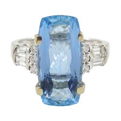 18ct white gold aquamarine ring, with round and baguette diamond shoulders, hallmarked