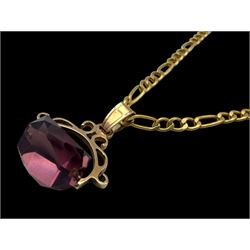 9ct gold amethyst glass spinner pendant, on 9ct gold chain necklace, both hallmarked