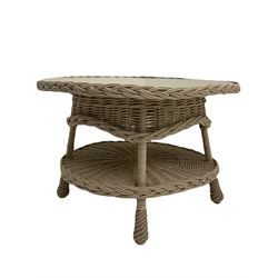 Painted rattan circular conservatory table, with frosted glass top - sourced by Marston and Langinger