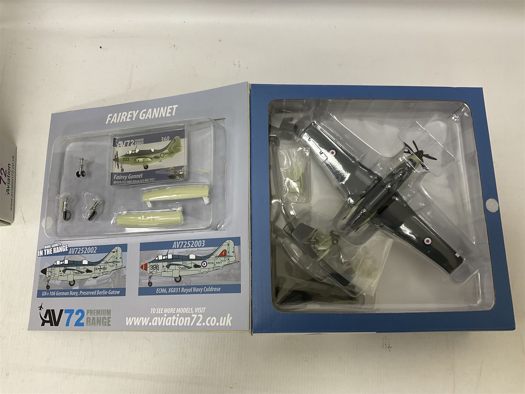 Four 1:72 scale model airplanes comprising two Aviation 72 models AV7242001 Sweden Air Force Saab AJ37 Viggen SAF 57-7 and AV7252001 Fairey Gannet; and two HobbyMaster models HA01001 and HA2101; all in original boxes