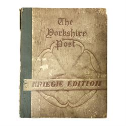 The Yorkshire Post Kriegie Edition. A 1945 book reproducing the exploits of Prisoners of War in Stalag Luft VI, with compliments letter from the publishers. Simulated wood paper covered card boards.