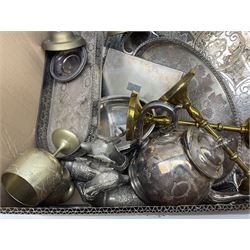 Quantity of silver-plate and other metal ware to include pair of heavy reindeer figures, lidded box with interwoven vine leaves, tendrils and grapes, teapot, chased twin handled trays with gallery border with swags, pair of brass figural candlesticks modelled as Roman soldiers, goblets etc