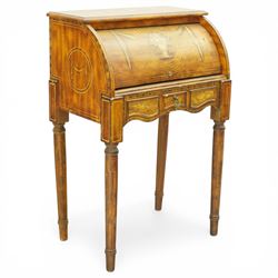 20th century mahogany cylinder desk in the Sheraton manner, the inlaid fall enclosing a fi...
