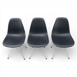 Vitra - set of six DSR side chairs designed by Charles and Ray Eames, moulded black plastic seats, raised on chromed wire Eiffel bases with plastic foot glides