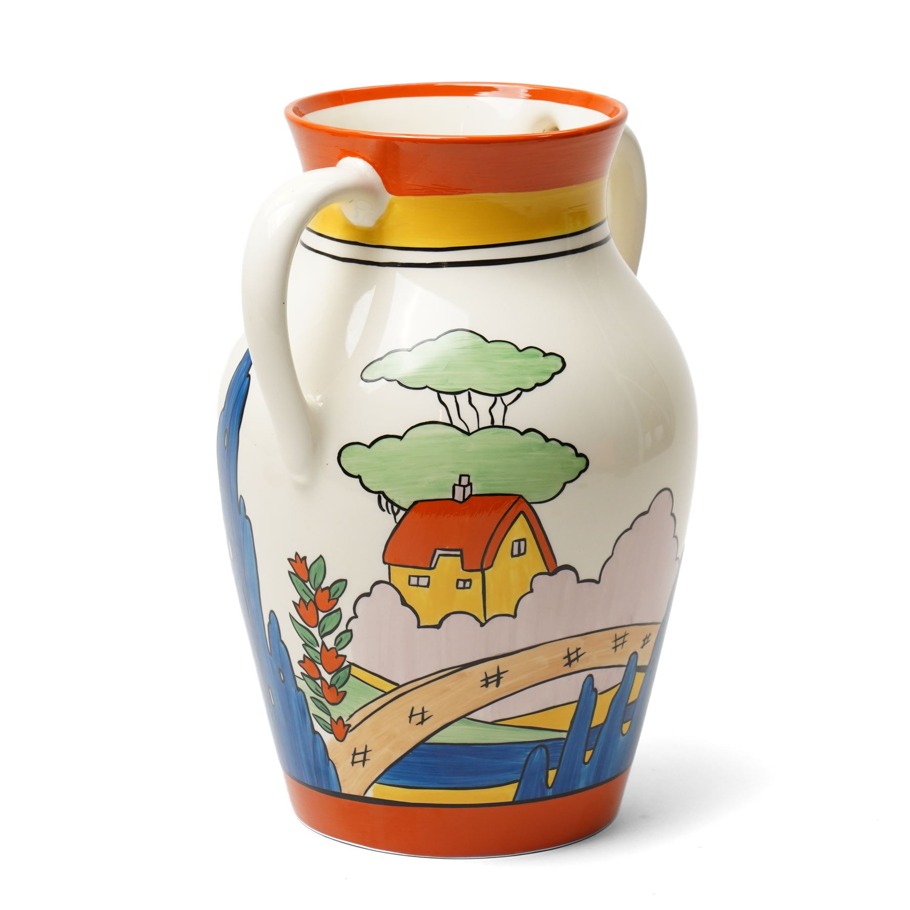 Wedgwood Bizarre by Clarice Cliff, twin-handled Lotus Jug, Orange Roofed Cottage, hand painted based upon an original, boxed, H31cm