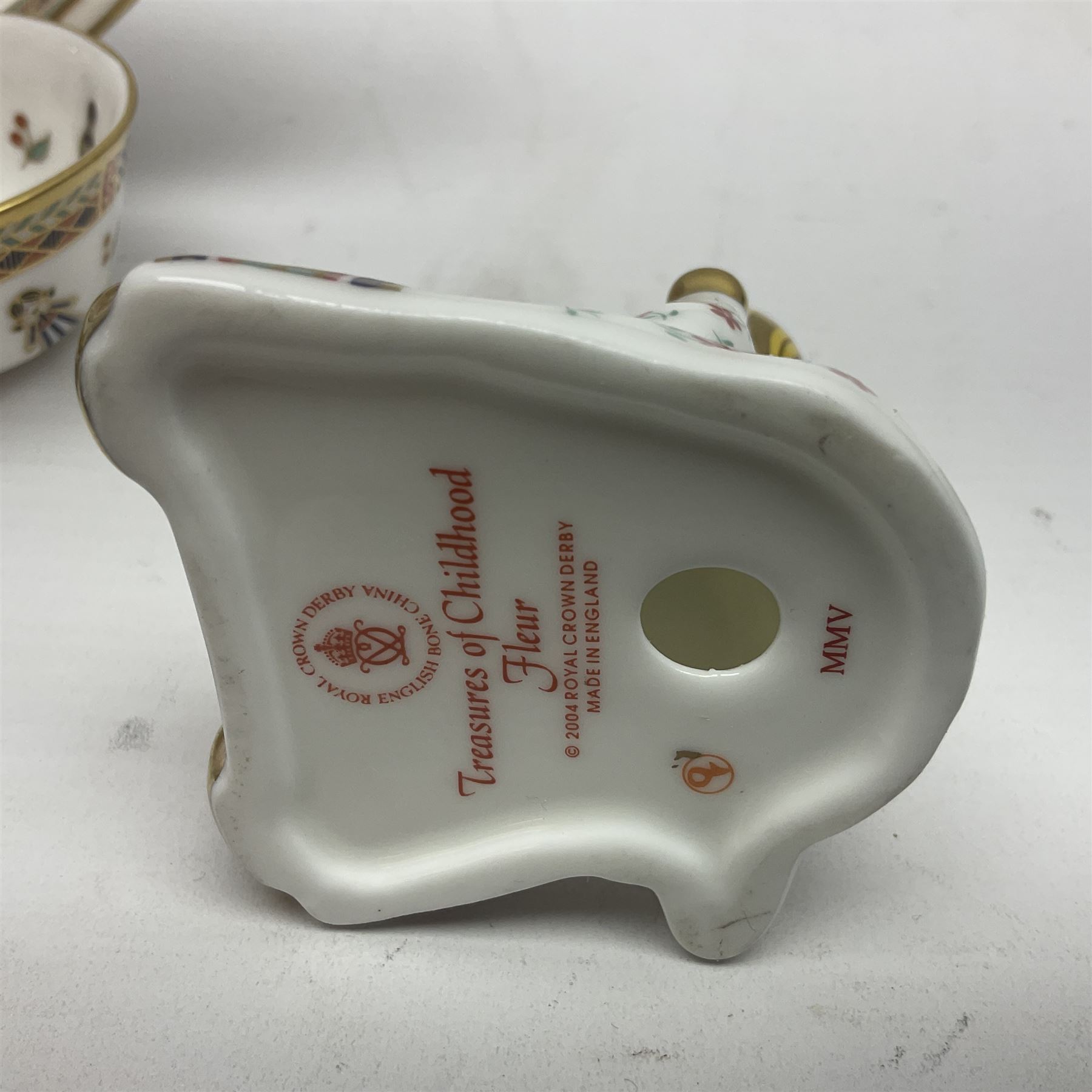 Royal Crown Derby Treasures of Childhood cabaret set, comprising tray, milk jug, sucrier, teacup and saucer, together with two Royal Crown Derby Treasures of Childhood paperweights Fleur and Ragdoll Sailor and Teddy bear paperweight, all paperweights are without stoppers