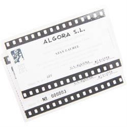 Pair of Spanish Algora Personajes Del Cine figures, modelled as Stan Laurel and Oliver Hardy, with printed marks beneath, both with certificates of authenticity, H37cm