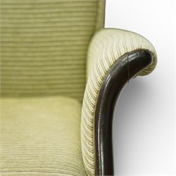 Parker Knoll - ‘Froxfield’ armchair, with upholstered back and seat in striped green fabric, on dark stained bentwood arms and front supports