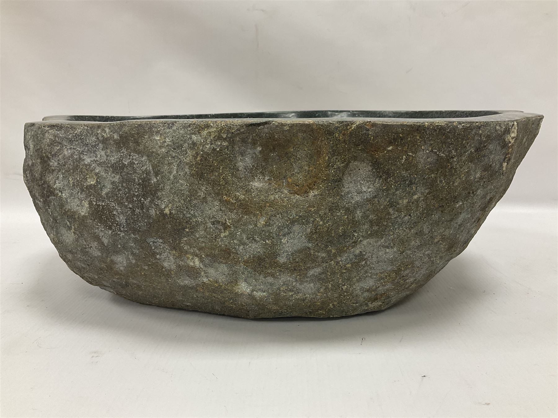 River rock carved stone bowl with polished centre, H16cm, W36cm, L47cm