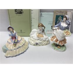 Two Royal Worcester figures, comprising Rosie Picking Apples and Safe at Last, together with Royal Doulton figure Daydream HN1731, together with three Coalport figures 