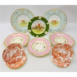  Royal Crown Derby Handley Cross or Mr Jorrocks's hunt moulded plate, D22.5cm two matching plates hand painted by J. Barlow, five 'Red Aves' pattern tea plates and part 19th century Dessert service, painted with floral wreath on pink ground, pattern no. 1/1022 (11)  